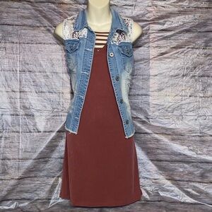 Maurices Light Blue Denim Vest With Lace Detail